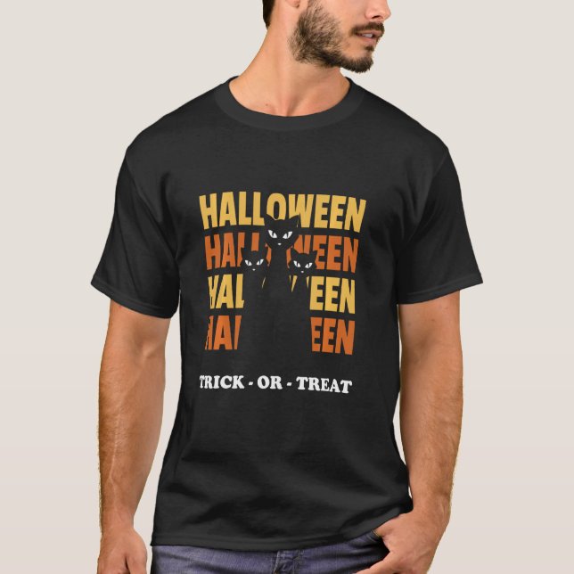 Halloween Text Block Cat Silhouette Trick Or Treat T-Shirt (Front)