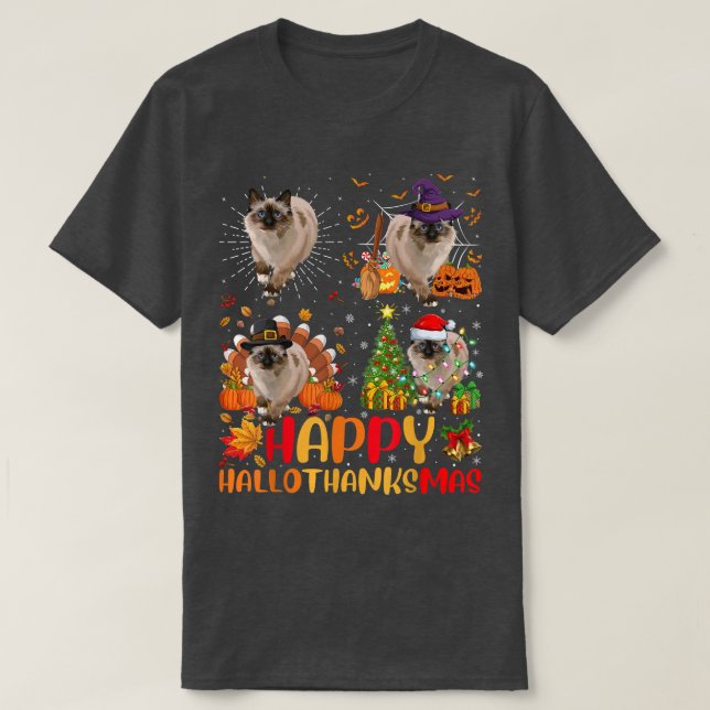 Halloween Thanksgiving Christmas Balinese Cat Hall T-Shirt (Design Front)