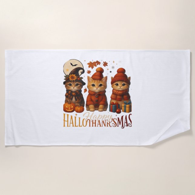 Halloween Thanksgiving Christmas Happy HalloThanks Beach Towel (Front)