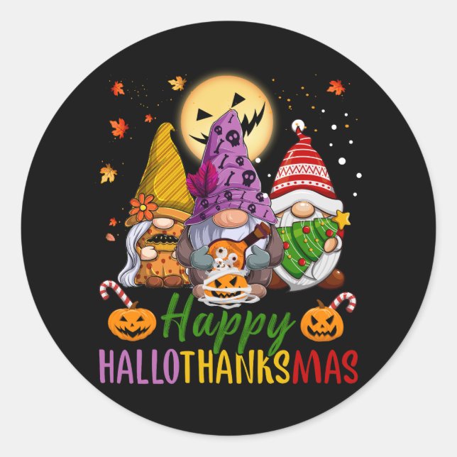 Halloween Thanksgiving Christmas Happy HalloThanks Classic Round Sticker (Front)
