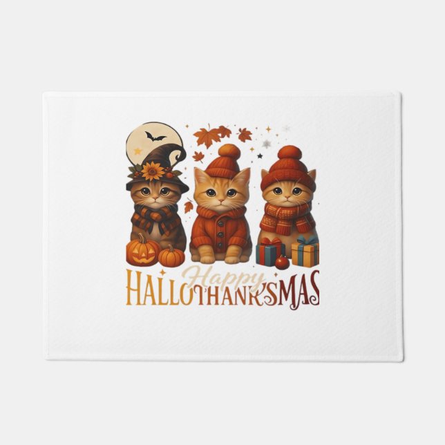 Halloween Thanksgiving Christmas Happy HalloThanks Doormat (Front)