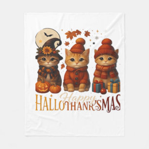 Halloween Thanksgiving Christmas Happy HalloThanks Fleece Blanket