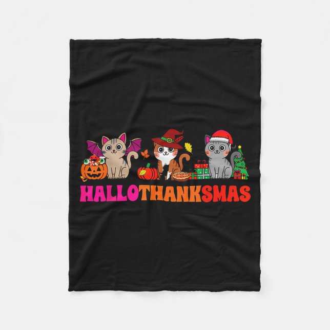 Halloween Thanksgiving Christmas Happy Hallothanks Fleece Blanket (Front)