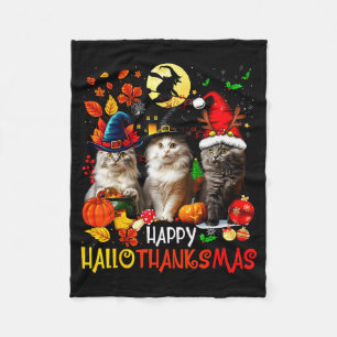 Halloween Thanksgiving Christmas Happy Hallothanks Fleece Blanket