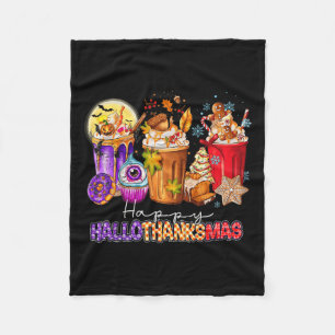 Halloween Thanksgiving Christmas Happy Hallothanks Fleece Blanket