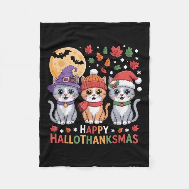 Halloween Thanksgiving Christmas Happy Hallothanks Fleece Blanket (Front)