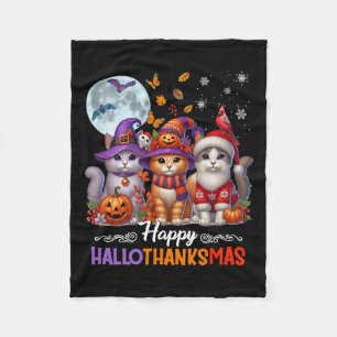 Halloween Thanksgiving Christmas Happy Hallothanks Fleece Blanket
