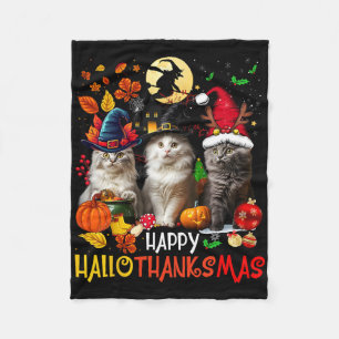 Halloween Thanksgiving Christmas Happy Hallothanks Fleece Blanket