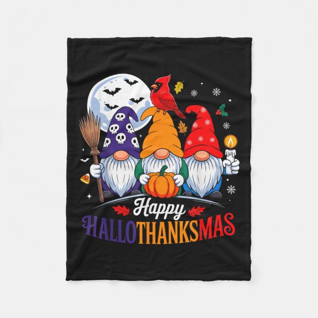 Halloween Thanksgiving Christmas Happy Hallothanks Fleece Blanket (Front)