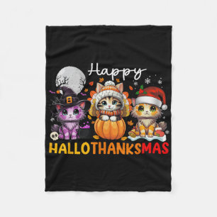 Halloween Thanksgiving Christmas Happy Hallothanks Fleece Blanket