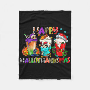 Halloween Thanksgiving Christmas Happy Hallothanks Fleece Blanket
