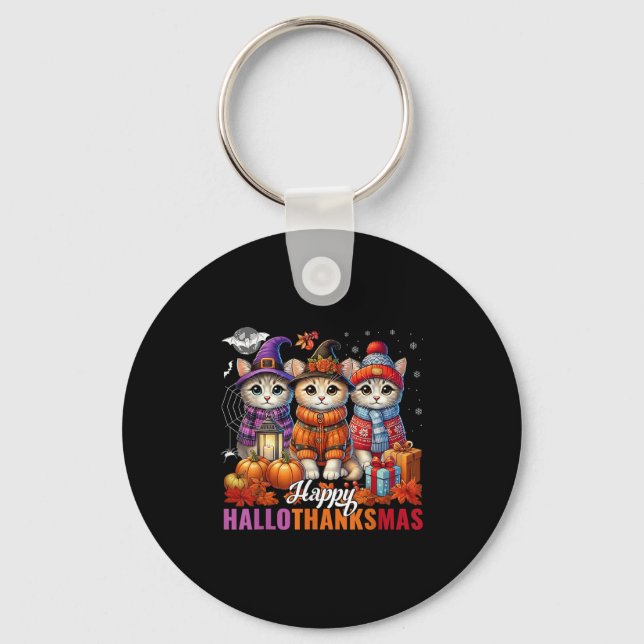 Halloween Thanksgiving Christmas Happy Hallothanks Key Ring (Front)