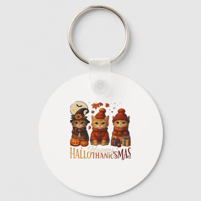 Halloween Thanksgiving Christmas Happy HalloThanks Key Ring (Front)