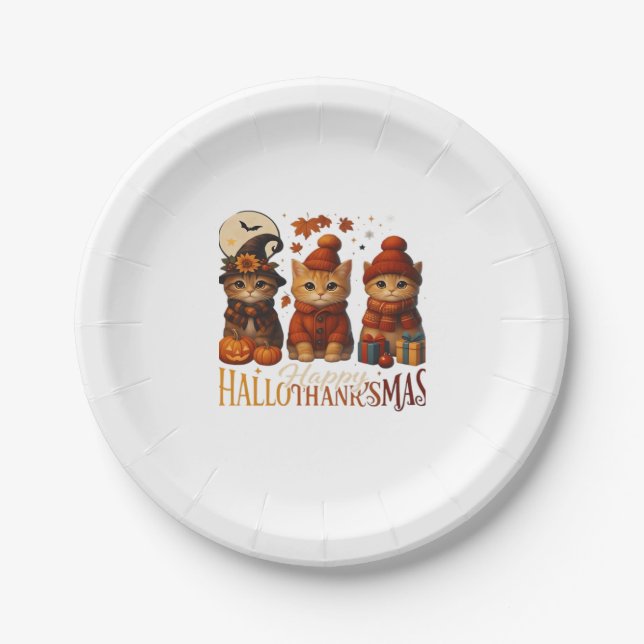 Halloween Thanksgiving Christmas Happy HalloThanks Paper Plate (Front)