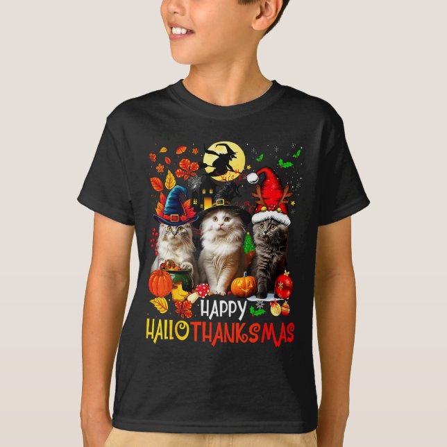 Halloween Thanksgiving Christmas Happy Hallothanks T-Shirt (Front)
