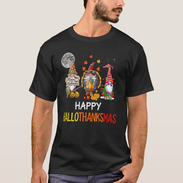 Halloween Thanksgiving Christmas Happy HalloThanks T-Shirt (Front)