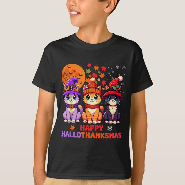 Halloween Thanksgiving Christmas Happy Hallothanks T-Shirt (Front)