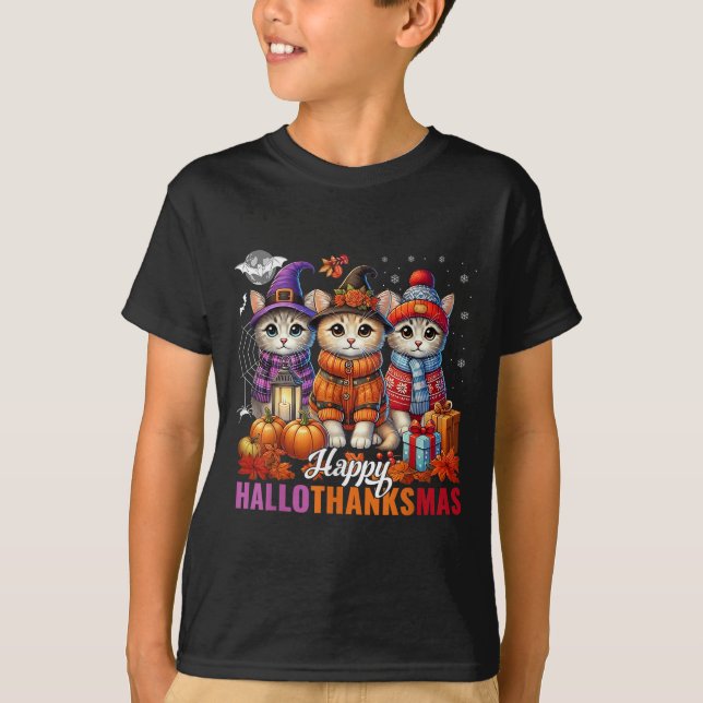 Halloween Thanksgiving Christmas Happy Hallothanks T-Shirt (Front)