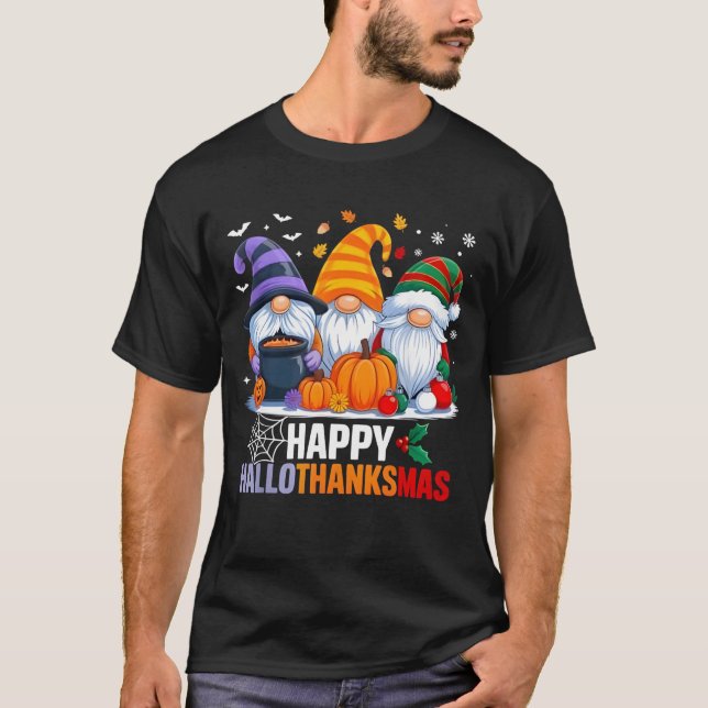Halloween Thanksgiving Christmas Happy Hallothanks T-Shirt (Front)