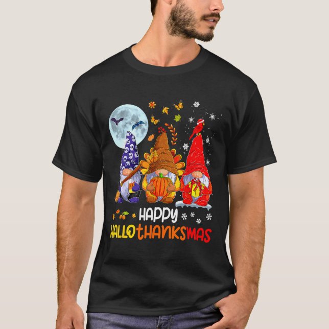 Halloween Thanksgiving Christmas Happy Hallothanks T-Shirt (Front)