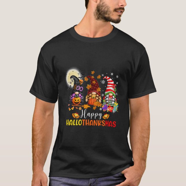 Halloween Thanksgiving Christmas Happy Hallothanks T-Shirt (Front)