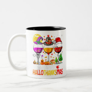 Halloween Thanksgiving Christmas Happy Hallothanks Two-Tone Coffee Mug