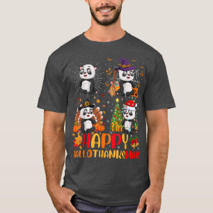 Halloween Thanksgiving Christmas Panda Hallothanks T-Shirt