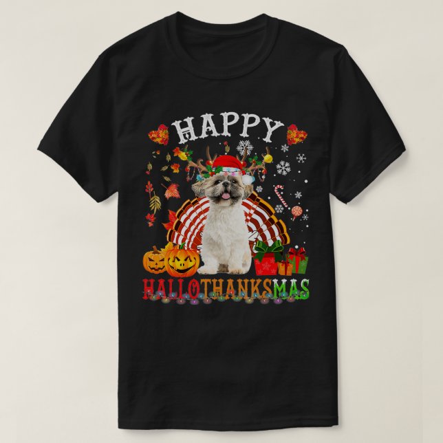 Halloween Thanksgiving Christmas Shih Tzu HalloTha T-Shirt (Design Front)