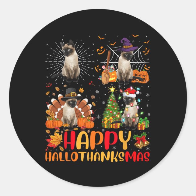 Halloween Thanksgiving Christmas Siamese Cat Hallo Classic Round Sticker (Front)