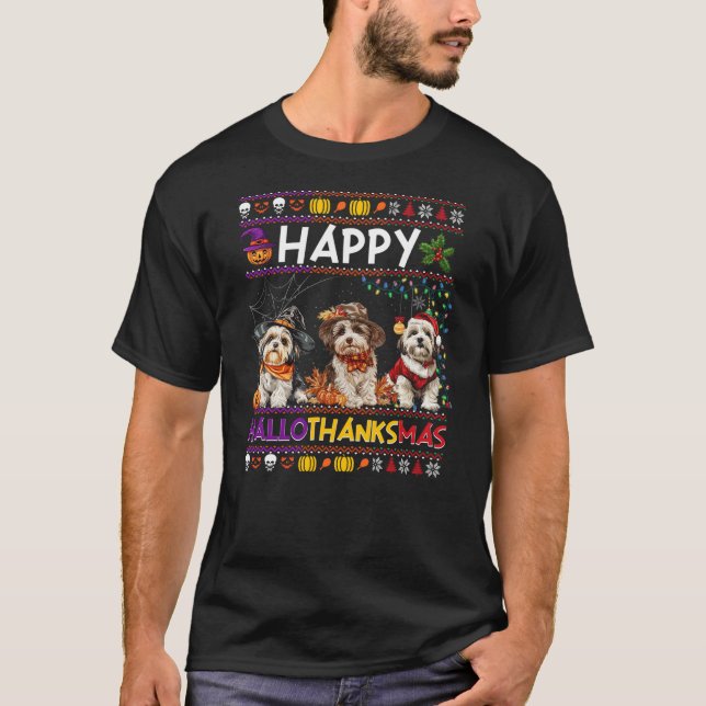 Halloween Thanksgiving Christmas Ugly Havanese Dog T-Shirt (Front)