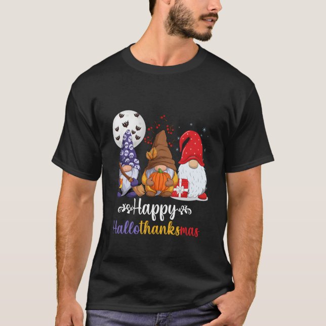 Halloween Thanksgiving Happy Hallothanksmas Gnomes T-Shirt (Front)