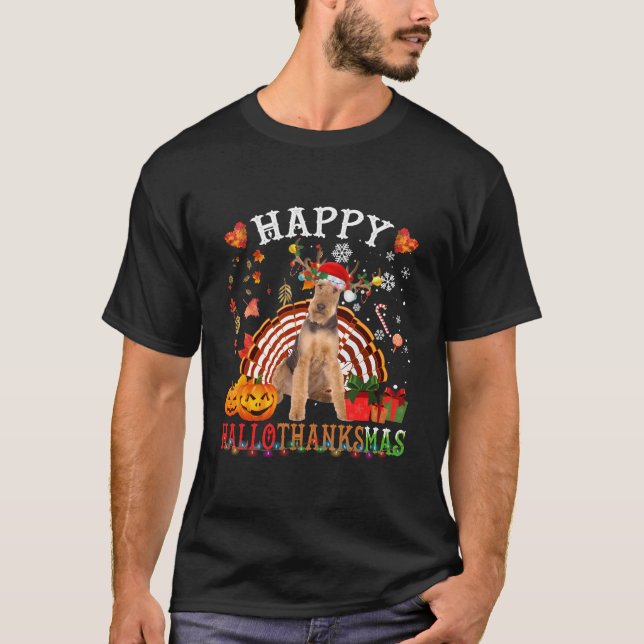 Halloween Thanksgiving Merry Airedale Terrier T-Shirt (Front)