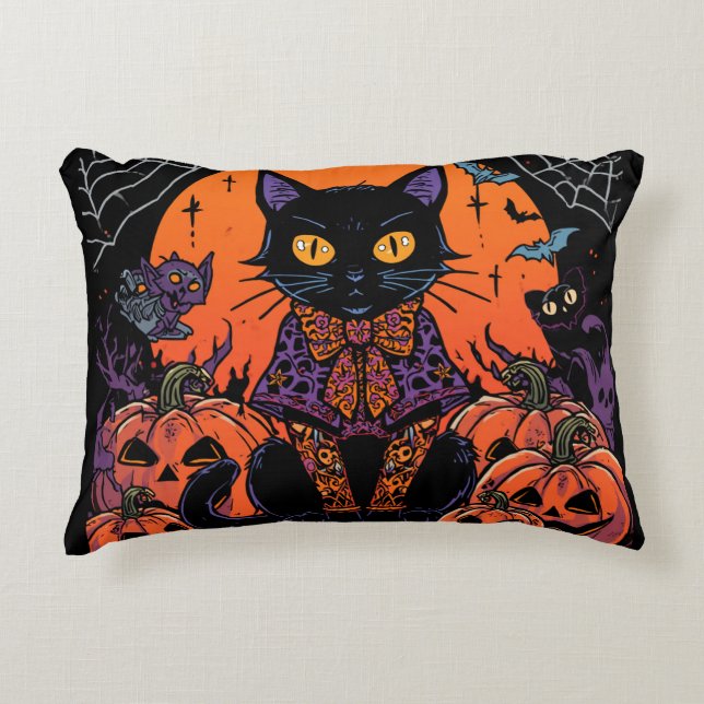 Halloween,The Pumpkin Patch Prowler ,Black Cat Decorative Cushion (Front)