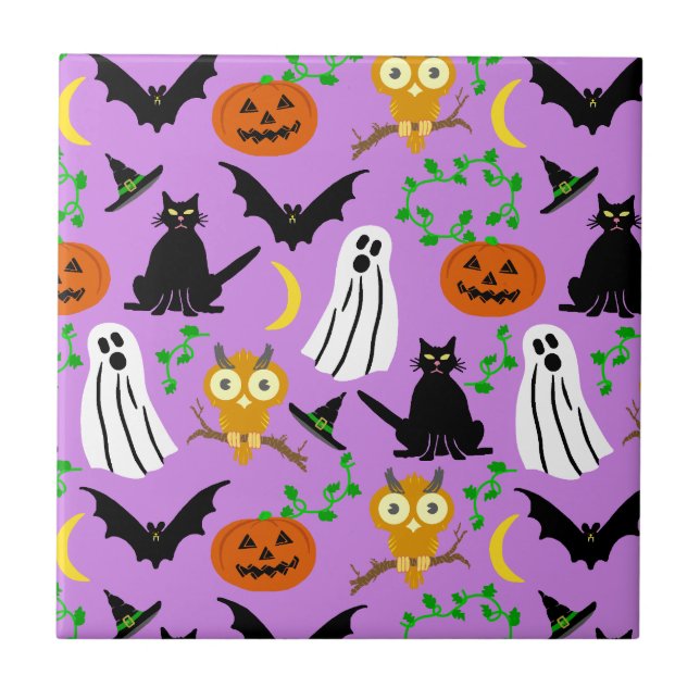 Halloween Theme Collage Toss Pattern Purple Ceramic Tile (Front)