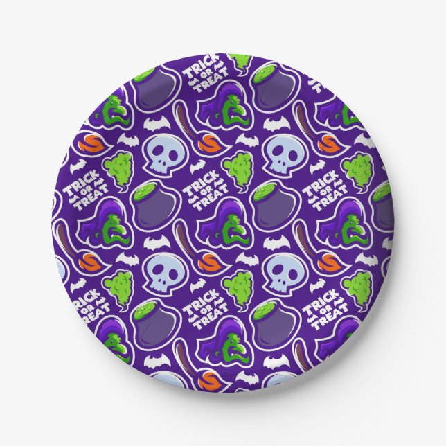 Halloween Theme Witches and Skulls Paper Plate (Front)