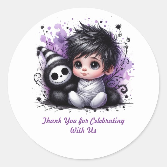Halloween-themed Baby Shower – Purple Gothic Baby  Classic Round Sticker (Front)