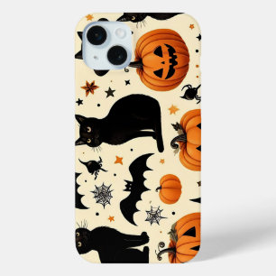 Halloween-Themed Black Cat and Pumpkin Pattern iPhone 15 Mini Case