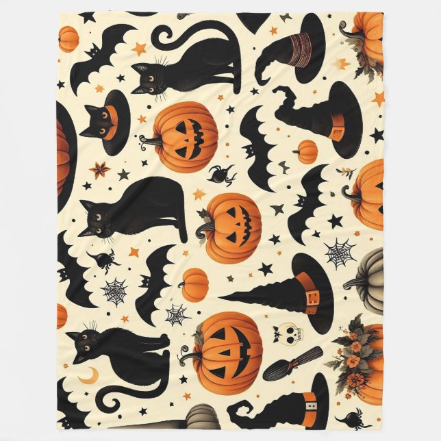 Halloween-Themed Black Cat and Pumpkin Pattern Fleece Blanket (Front)