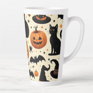 Halloween-Themed Black Cat and Pumpkin Pattern Latte Mug