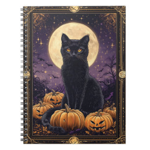 Halloween themed tarot card with a black cat notebook