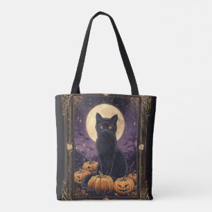 Halloween themed tarot card with a black cat tote bag
