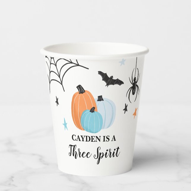 Halloween Three Spirit blue Pumpkins 3rd Birthday Paper Cups (Front)