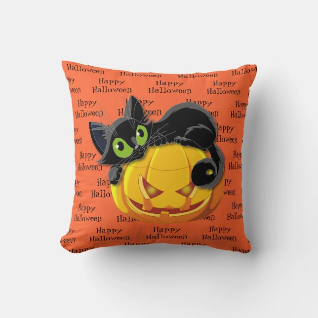 Halloween Throw Pillow-Black Cat Cushion (Front)
