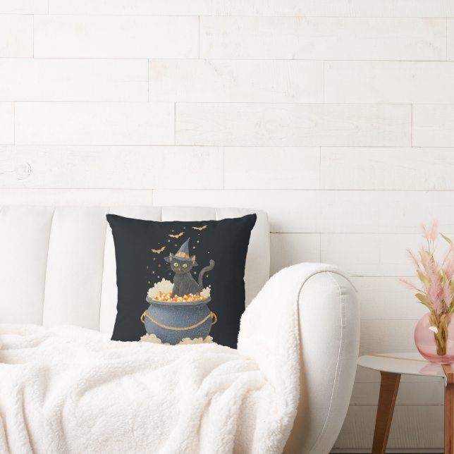 Halloween Throw Pillow. Black Cat  Pumpkin Pattern Cushion (Couch)