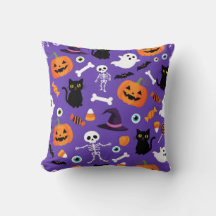Halloween Throw Pillow Pumpkins Cats Ghosts Candy
