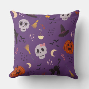 Halloween Throw Pillow – Skulls, Pumpkins, Cats