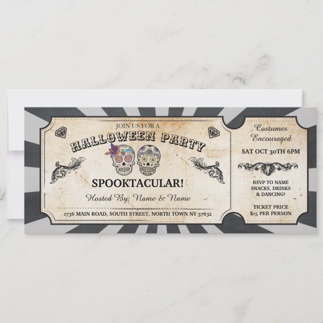 Halloween Ticket Skulls Party Spooky Scroll Event Invitation (Front)