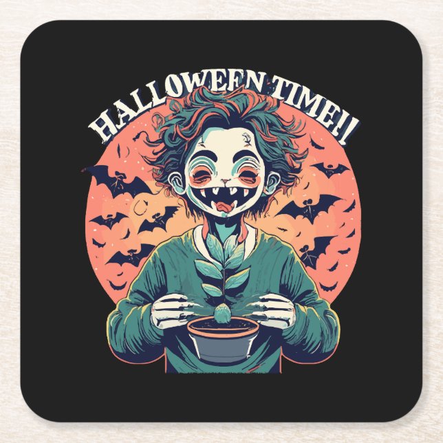 Halloween time, but its actually happy time! square paper coaster (Front)