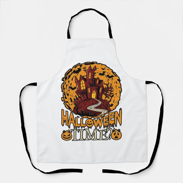 Halloween Time Haunted House Full Moon Pumpkins Apron (Front)