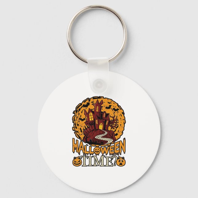 Halloween Time Haunted House Full Moon Pumpkins Key Ring (Front)